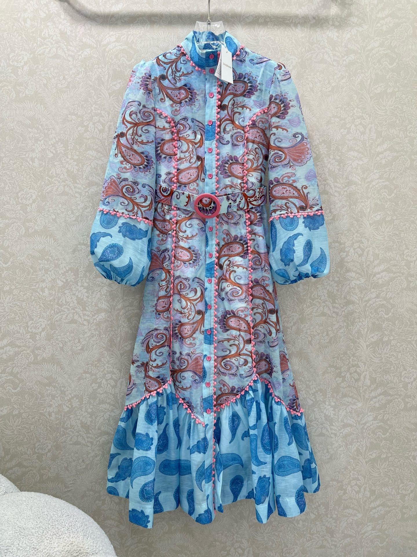 Zimmermann Blue Paisley Print Long Sleeve Midi Dress With Belt